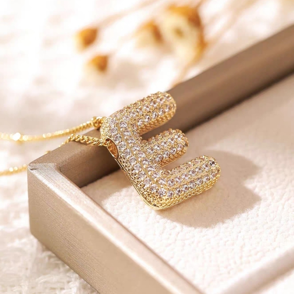 18k Gold Letter E Initial Necklace Micro-Set Zirconia Jewelry